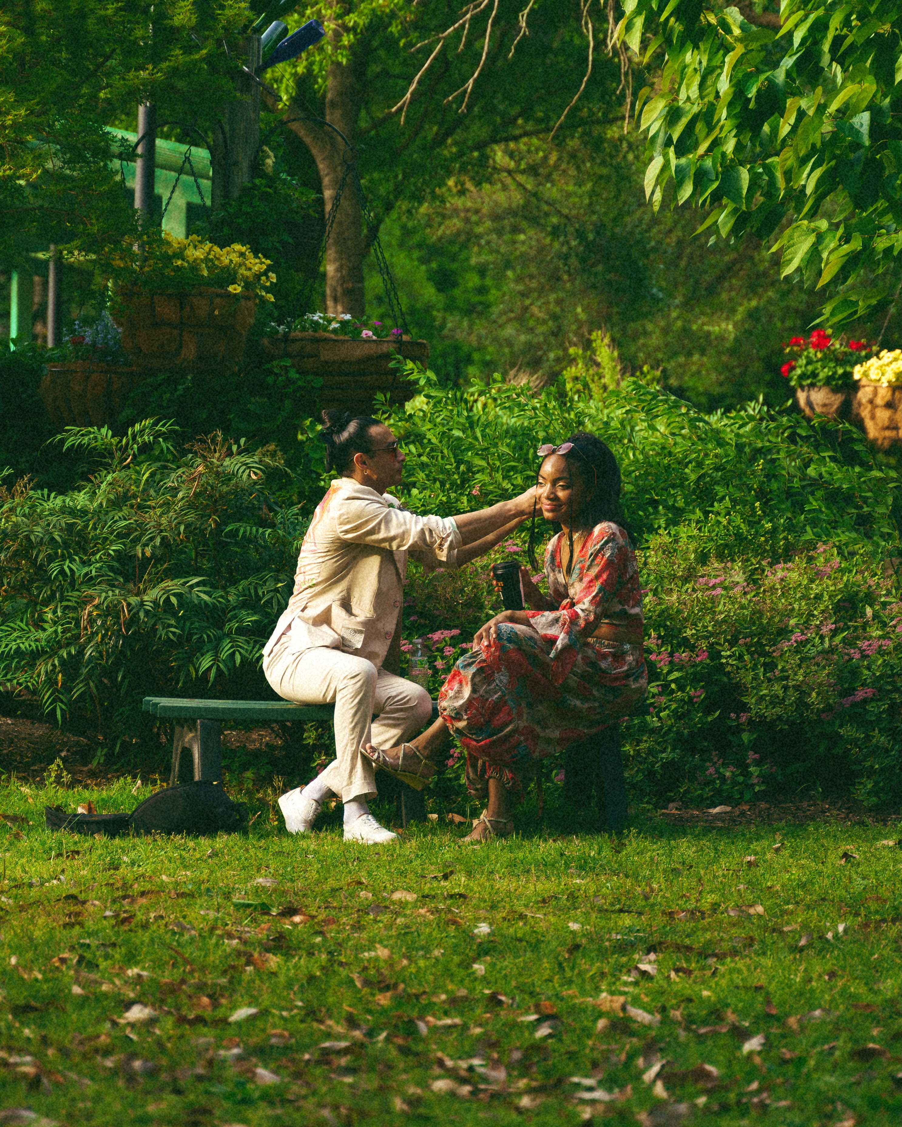 Real people connecting in a garden setting